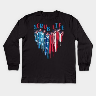 Scrub Life American Flag Melting Heart 4th Of July Kids Long Sleeve T-Shirt